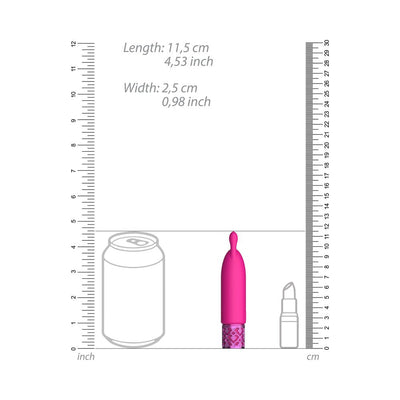 Pink rechargeable silicone bullet vibrator with decorative base, shown next to soda can and lipstick for size comparison.