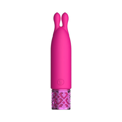 Pink rechargeable silicone bullet vibrator with dual tips and decorative metallic base detailing