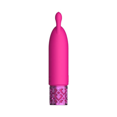 Pink rechargeable silicone bullet vibrator with decorative metallic base and textured tip for targeted stimulation.