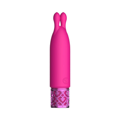 Pink rechargeable silicone bullet vibrator with dual ear-shaped tips and decorative metallic base.