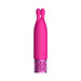 Pink rechargeable silicone bullet vibrator with dual ear-shaped tips and decorative metallic base.