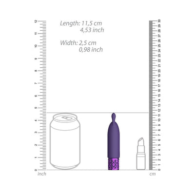 Purple rechargeable silicone bullet vibrator with decorative base, shown next to size comparison of soda can and lipstick.