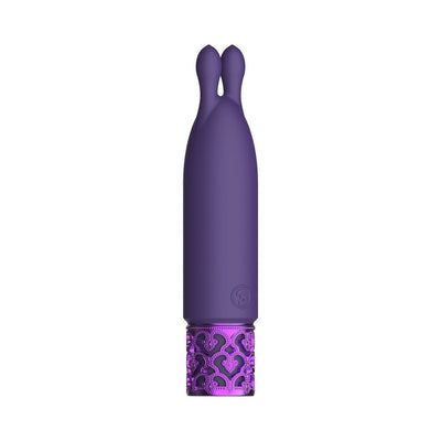Purple rechargeable silicone bullet vibrator with decorative metallic base and dual ear-shaped tips.