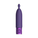 Purple rechargeable silicone bullet vibrator with decorative metallic base and dual ear-shaped tip.
