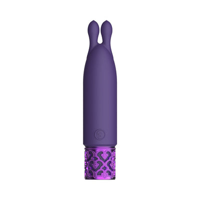 Purple rechargeable silicone bullet vibrator with dual tips and decorative metallic base.