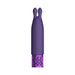 Purple rechargeable silicone bullet vibrator with dual tips and decorative metallic base.