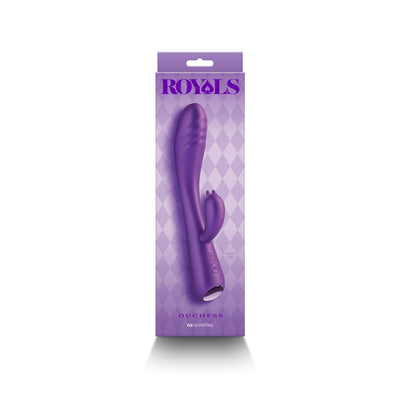 Metallic purple Royals Duchess Rabbit Vibrator in packaging with diamond pattern background and control buttons visible.