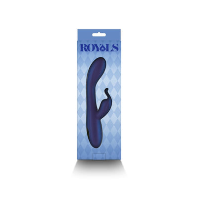 Royals Empress Rabbit Vibrator in metallic blue with ergonomic design shown in blue packaging with diamond pattern.