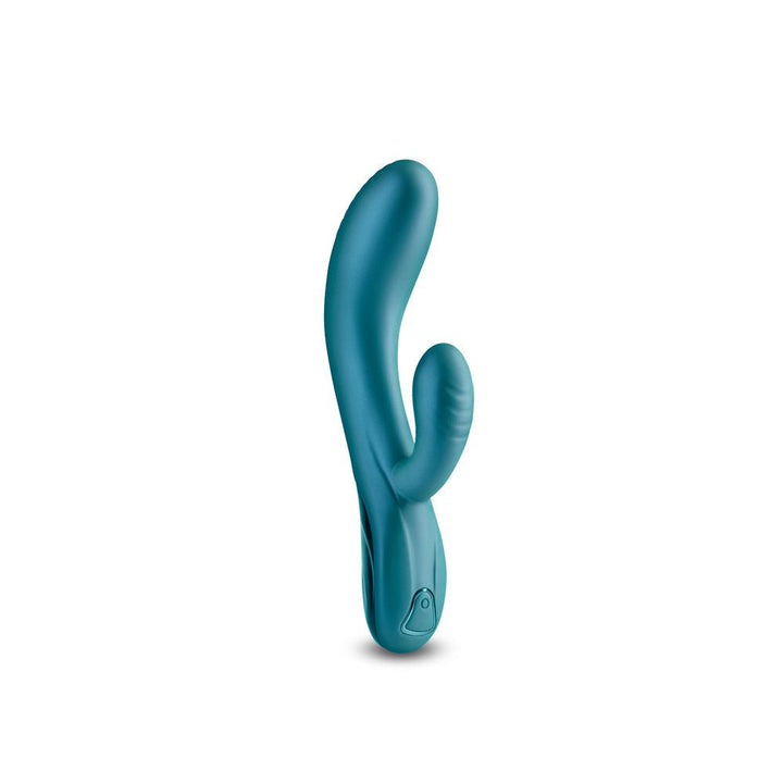 Metallic green Royals Regent rabbit vibrator with curved shaft and textured clitoral stimulator on white background.