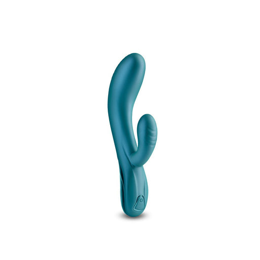 Metallic green Royals Regent rabbit vibrator with curved shaft and textured clitoral stimulator on white background.