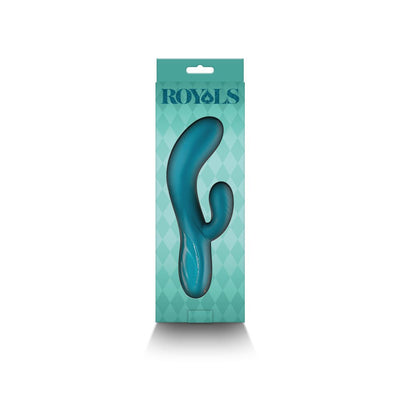 Metallic green Royals Regent rabbit vibrator in teal packaging with diamond pattern and clear window display.