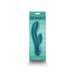 Metallic green Royals Regent rabbit vibrator in packaging with diamond pattern background and brand logo.