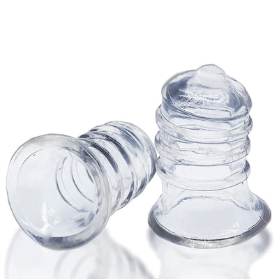 Clear flexible Hunky Junk Elong Nipsuckers with flared base and ribbed design for secure, comfortable suction.