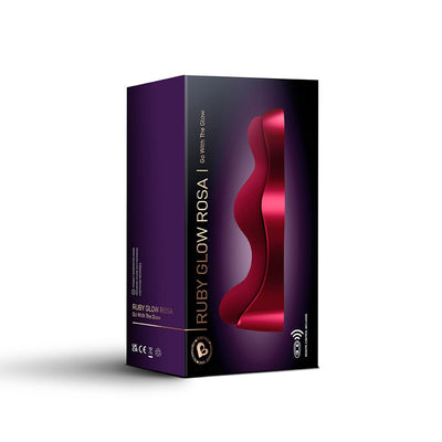 Packaging box of Ruby Glow Rosa Saddle Vibrator in deep purple with product image and branding details.