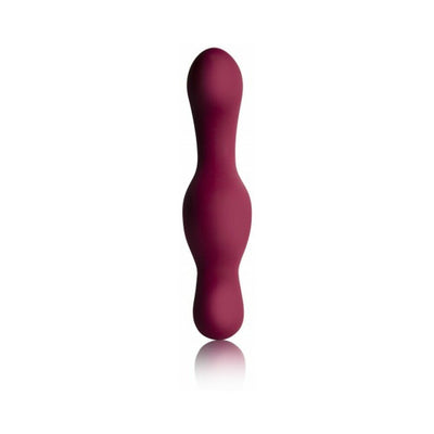 Ruby Glow Rosa Saddle Vibrator in deep burgundy with smooth, curved design and rounded ends for versatile stimulation.