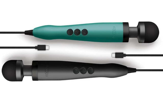 Two USB-C powered wands in turquoise and matte black with control buttons and detachable silicone heads.