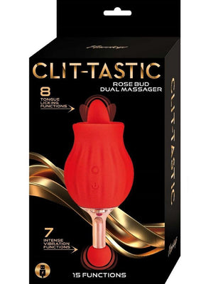 Packaging of Clit-Tastic Rose Bud Dual Massager in red with 8 tongue-licking and 7 vibration functions, USB rechargeable.