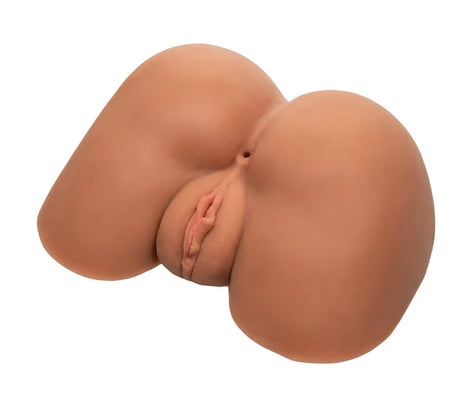 Life-size brown stroker toy with realistic textured design and dual pleasure chambers for enhanced experience.