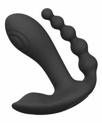 Black double-ended silicone vibrator with smooth curved shaft and textured beaded arm for multi-zone stimulation.