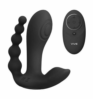 Black Vive Kata Double Pen Vibe with three stimulation points and a wireless remote control.