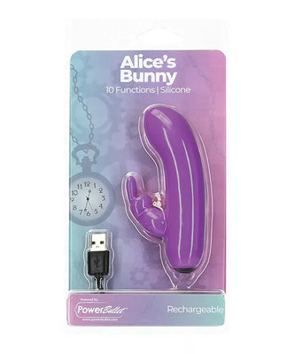 Purple silicone rabbit vibrator with USB charger in gradient purple and blue packaging labeled Alice's Bunny 10 functions rechargeable