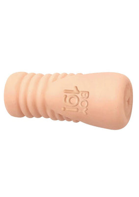 Beige textured Boy 19! Teen Twink Stroker male masturbator with embossed logo on smooth surface.