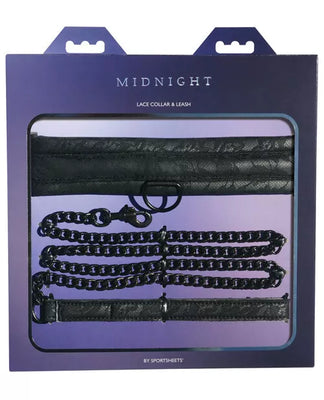 Black lace padded collar and matching metal chain leash set in purple and navy packaging.