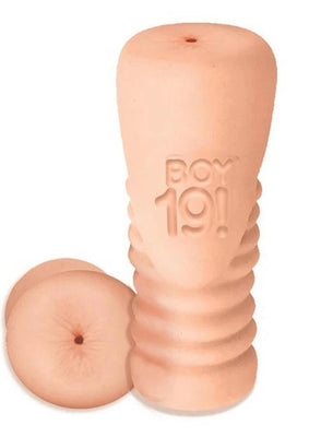 Boy 19! Teen Twink Stroker in flesh tone with textured grip and embossed logo on a white background.