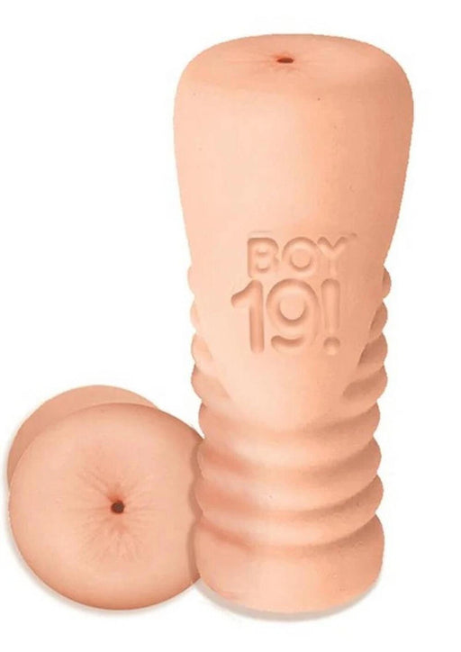 Boy 19! Teen Twink Stroker in flesh tone with textured grip and embossed logo on a white background.