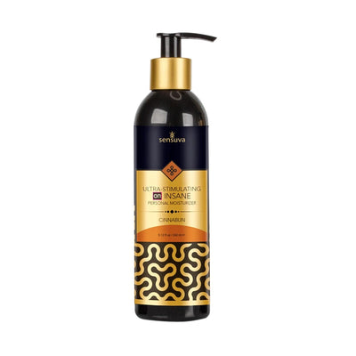 Sensuva On Insane Ultra-Stimulating Personal Moisturizer in 8 oz black and gold pump bottle with cinnabun scent label