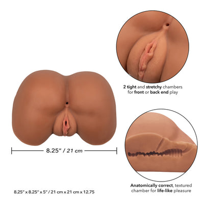 Brown life-size stroker with two textured chambers for front and back play, measuring 8.25 inches wide.