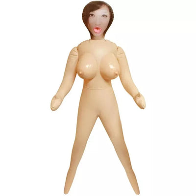 Inflatable love doll in beige with detailed facial print and prominent chest features, standing upright on white background.