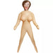 Inflatable love doll in beige with detailed facial print and prominent chest features, standing upright on white background.