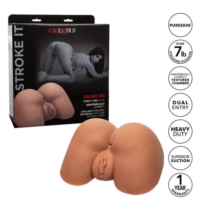 Brown life-size realistic stroker with dual entry and textured chambers next to its black packaging box.
