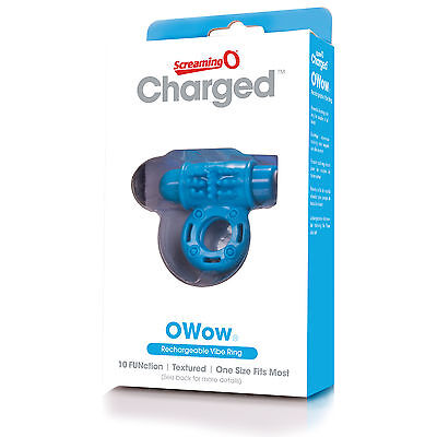 Blue Charged OWow rechargeable vibrating cock ring in retail packaging with 10 vibration modes.