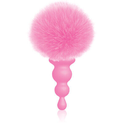 Pink silicone beaded butt plug with a large fluffy bunny tail attachment.