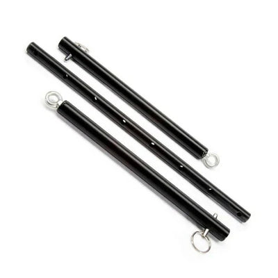 Black adjustable spreader bar disassembled into three metal parts with eyebolts for secure attachments.