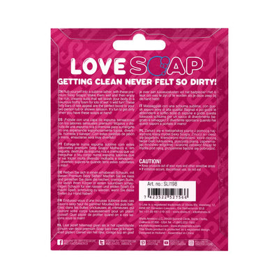 Back packaging of S-line Heart Soap featuring product description, usage instructions, caution, and multilingual text on a pink background.