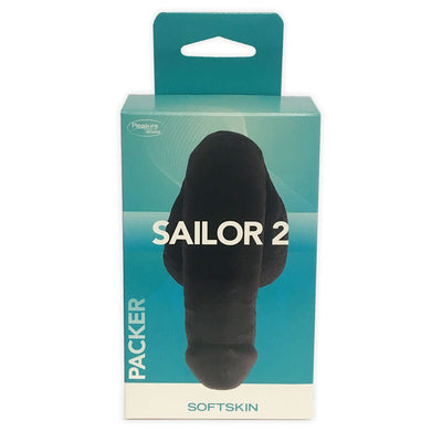 Packaging of Sailor 2 Packer by Pleasure Works, featuring a softskin black packer for realistic comfort.