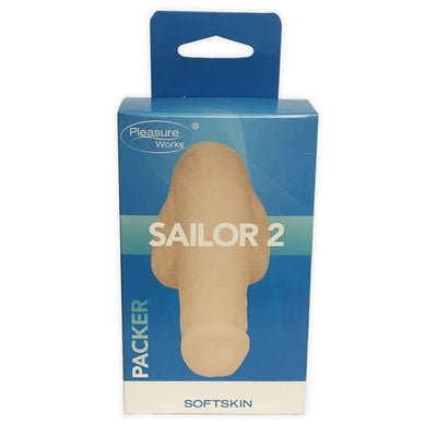 Packaging of Sailor 2 Packer by Pleasure Works, featuring a softskin realistic packer in beige on a blue background.