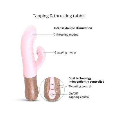 Pink Sassy Bunny vibrator with dual motors, ergonomic handle, and controls for thrusting and tapping modes.