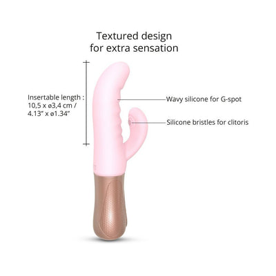 Pink Sassy Bunny vibrator with textured wavy silicone for G-spot and silicone bristles for clitoral stimulation, ergonomic handle.