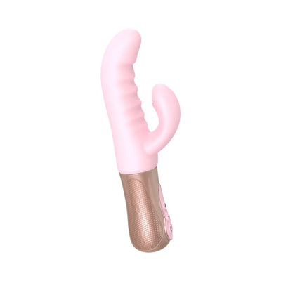 Pink dual-stimulation vibrator with textured shaft and ergonomic rose gold handle on white background.