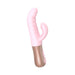 Pink dual-stimulation vibrator with textured shaft and ergonomic rose gold handle on white background.