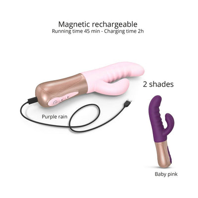 Sassy Bunny dual-stimulation vibrator in baby pink and purple rain with magnetic USB charging cable.