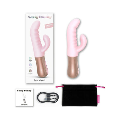 Pink Sassy Bunny vibrator with textured handle, USB charger, black storage pouch, and packaging box on white background.
