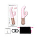 Pink Sassy Bunny vibrator with textured handle, USB charger, black storage pouch, and packaging box on white background.