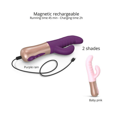 Sassy Bunny rabbit vibrator in purple and baby pink with magnetic USB charger, dual motors, and ergonomic design.