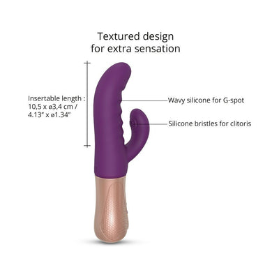 Purple Sassy Bunny vibrator with textured wavy silicone for G-spot and silicone bristles for clitoral stimulation, rose gold handle.