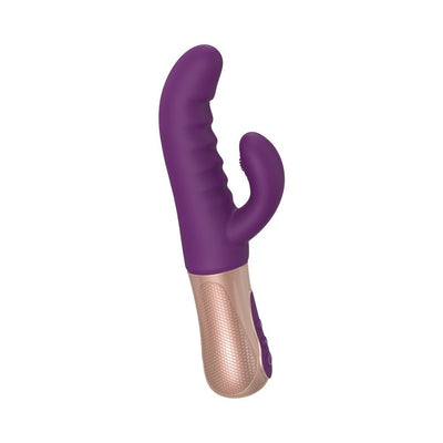 Purple dual-stimulation vibrator with textured shaft and ergonomic gold handle on white background